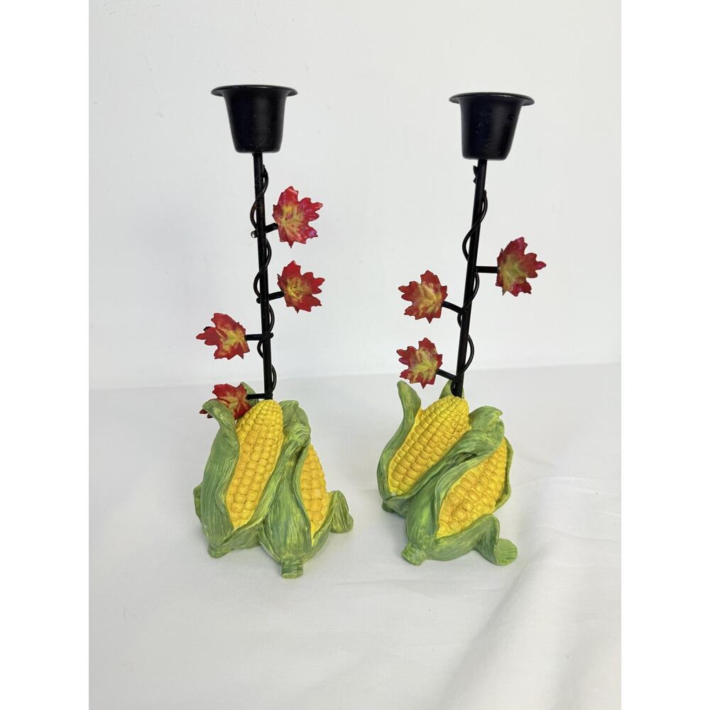 Russ Floral Accents Corn-Themed Pair Ceramic Candlestick Holders